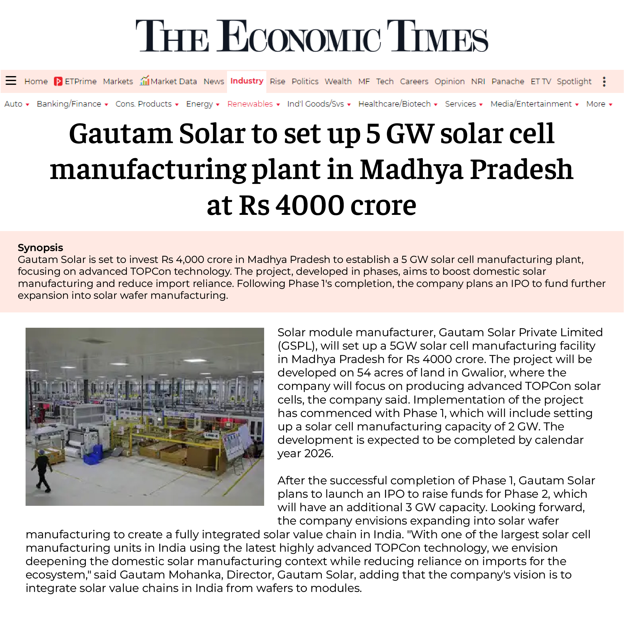 Gautam Solar to set up 5 GW Solar Cell Manufacturing Plant in Madhya Pradesh at Rs. 4000 Crore